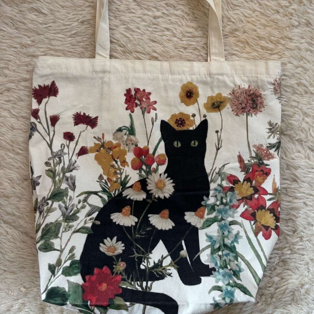 Black Cat Floral Canvas Tote in Cream